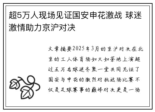 超5万人现场见证国安申花激战 球迷激情助力京沪对决